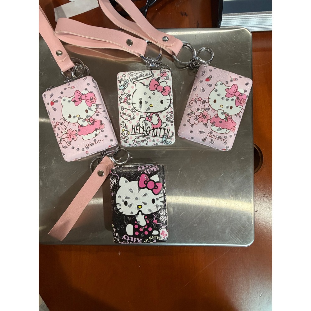 Sanrio Hello Kitty Compact Mirror Keychain Wristlet Rhinestone Pink Black 4pc